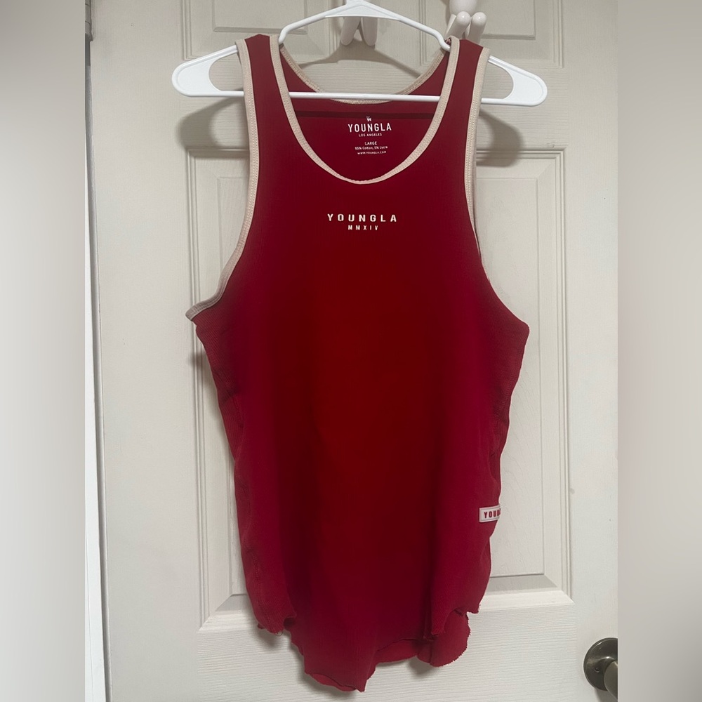 Youngla Bodybuilding Men's Ribbed Rocket Tank Top in Red, it fits like Medium